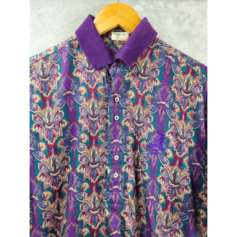 Vtg Michael Thomas Popover Shirt Mens Large Purple AOP Egyptian Nile Cotton 90s